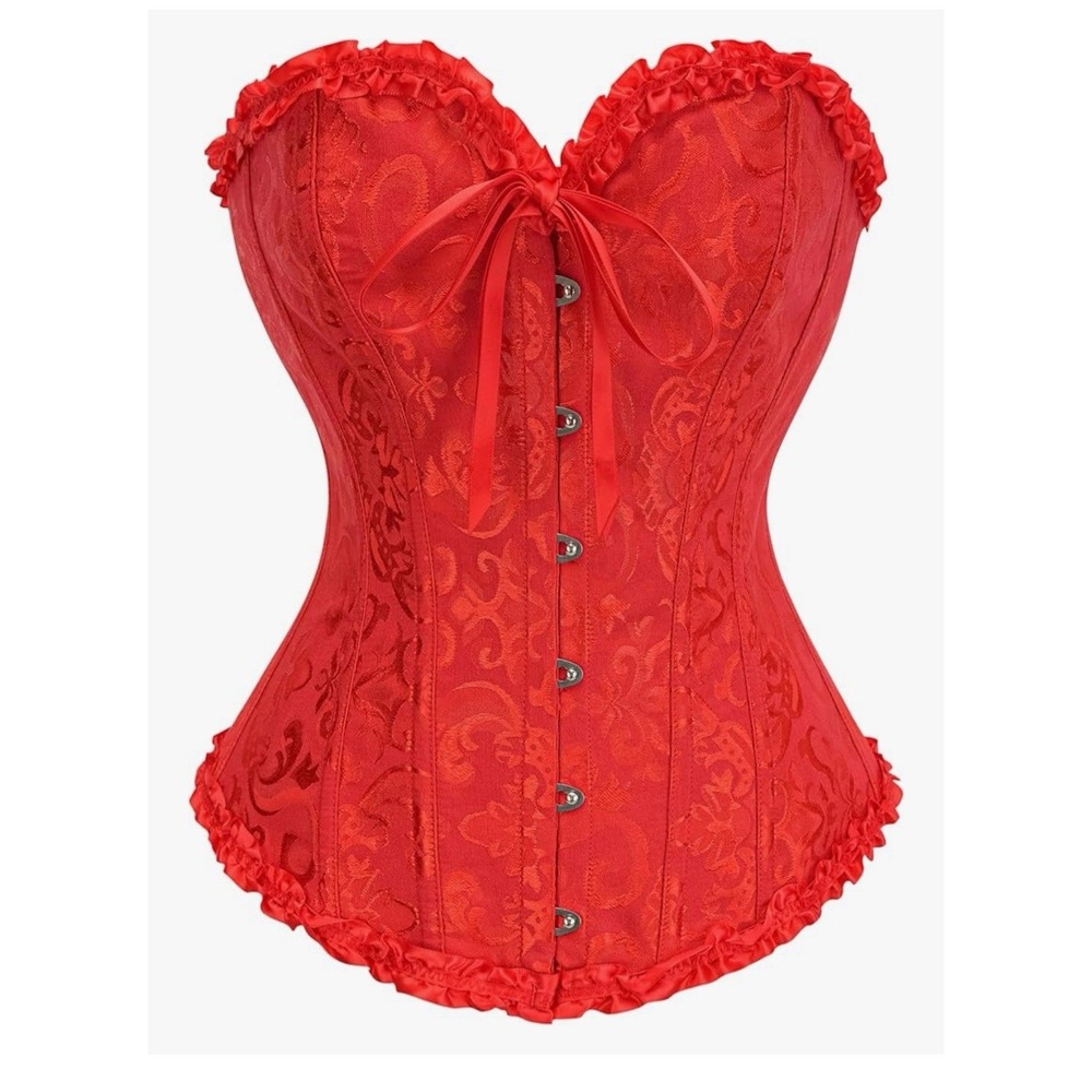 SZIVYSHI Red Damask Jacquard Overbust Corset Top Ruffle Trim Lace Up Bustier XXS